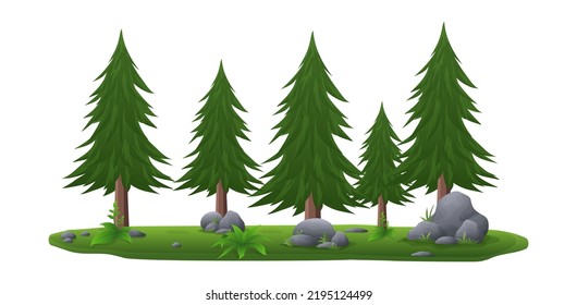 Coniferous or pine Tree collection with grass and stone, individual element design