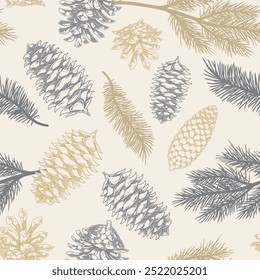 Coniferous plants seamless pattern colorful Christmas tree branches and pine cones for literature design about New Year holidays vector illustration