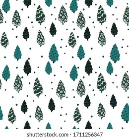 Coniferous snowy forest. Seamless background. Stylized, pretty spruce with a funny pattern. Scandinavian style. Design for children's fabric, wallpaper, paper, Christmas gift wrapping. Vector flat 