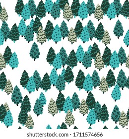 Coniferous snowy forest. Seamless background. Stylized, pretty spruce with a funny pattern. Scandinavian style. Design for children's fabric, wallpaper, paper, Christmas gift wrapping. Vector flat 