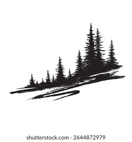 Coniferous spruce background pattern, black evergreen woods vector illustration, beautiful hand drawn panorama of coniferous forest. Fir trees silhouette.