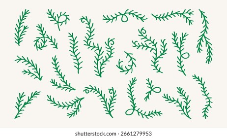 Coniferous Tree Branch Set. Hand drawn curly twigs and sprigs for Christmas decor. Sketch botanical elements. Holiday plants. Vector illustration