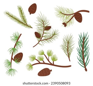 Coniferous Tree Branches, Symbol Of Winter Beauty, Adorned With Green Needles, and Cones, Creates A Dense, Forest-like Atmosphere For Holiday And Nature-themed Designs. Cartoon Vector Illustration