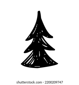 Coniferous tree with crown, conifer, pine, fir, juniper, spruce, nature, graphic, vector, illustration in black and white color, isolated on white background