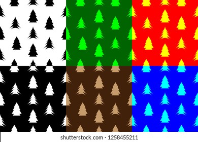 Coniferous tree seamless pattern, tree (black, white, green, brown, red, blue, yellow) background,