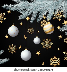 Coniferous tree twig with Christmas decorations. Black background with golden snowflakes. Can be used for topics like celebration, winter, New Year