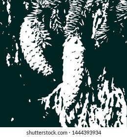 Coniferous trees and cones, traced a background of dark green color with a white silhouette of the forest. Grunge style backgroung with forest and cones. Forest background.