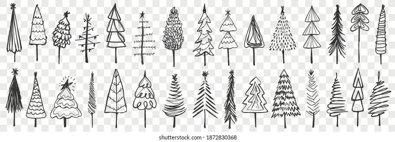 Coniferous trees drawn doodle set