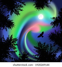 Coniferous trees.  Eagle in the sky. Northern lights.   View from below. 