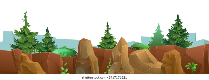 Coniferous trees and fir trees on edge. Mountain range of stones and cliffs. Picture horizontally seamless. Object isolated on white background. Cartoon fun style Illustration vector