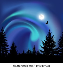 Coniferous trees.  Flying eagle. Moonlight.  Blue northern lights. 