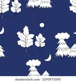 coniferous trees and oak with sun and moon vector seamless pattern graphics doodle hand drawn illustration on a blue background base for textile design tableware and printing