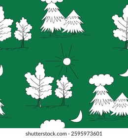 Nadelbäume und Eiche mit Sonne und Mond, nahtloses Muster, Grafiken, Doodle, handgezeichnete Illustration auf grünem Hintergrund, für Textildesign, Geschirr und Druck