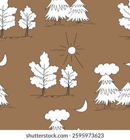 coniferous trees and oak with sun and moon vector seamless pattern graphics doodle hand drawn illustration on brown background base for textile design tableware and printing