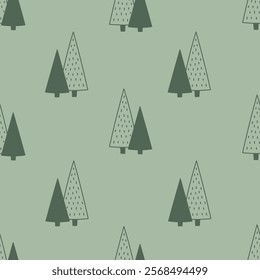 Coniferous Trees Seamless Pattern. Minimal Forest background in doodle style. Repeat vector illustration with evergreen Fir or Spruce. Green color