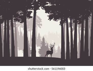 Coniferous trees silhouette template. Vector illustration of wild deer in forest in pastel brown tones