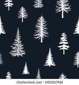 Coniferous trees silhouettes seamless pattern in black. Vector isoleted background with hand drawn firs. Conifer texture for fabric.