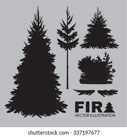 Coniferous Trees Silhouettes Set. Branches & Bush. Vector illustration