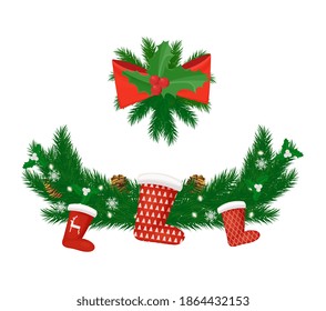 Coniferous twig with berries and pine cones with Santa socks. Christmas branch with snowflakes and bow decoration realistic style isolated on white vector