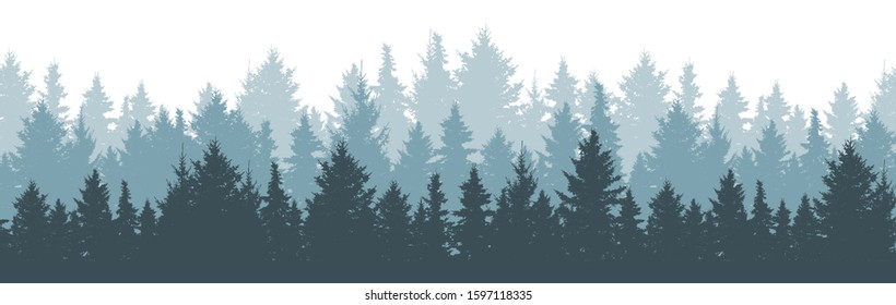 Coniferous winter forest background. Nature, landscape. Pine, spruce, christmas tree. Fog evergreen coniferous trees. Silhouette vector illustration