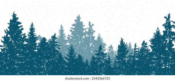 Coniferous winter forest. Beautiful landscape of silhouettes of spruce trees and snowfall. Vector illustration