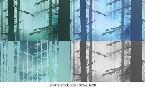 Coniferous wood,realistic sketch,tree silhouette,fog,polar lights.Hand drawn Vector illustration of Coniferous Forest.Card Design of year seasons:spring,summer,winter, autumn.Vintage forest template.