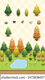 Conifers, bushes, and flowers set for autumn boreal forest scene on oblique projection. Images are designed to align into square grid for easy game tile-mapping.