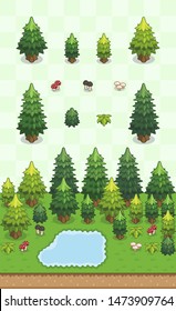 Conifers, bushes, and mushrooms set for summer boreal forest scene on oblique projection. Images are designed to align into square grid for easy game tile-mapping