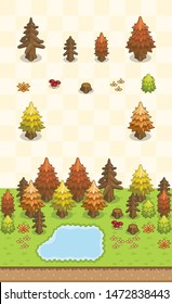 Conifers, dead conifers, bushes, and grass set for autumn boreal forest scene on oblique projection. Images are designed to align into square grid for easy game tile-mapping.