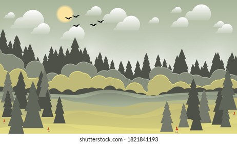 conifers and fly agarics in the fields and hills against the background of the forest, the sky with the sun, clouds and silhouettes of flying birds. flat design forest landscape. vector