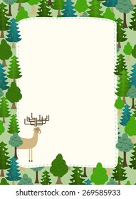 conifers pattern. Background of trees and deer. Earth day. Template with space for text