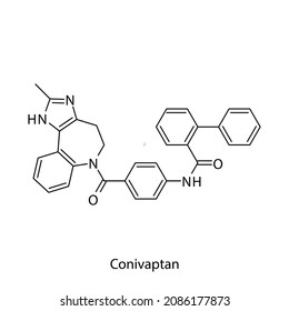 Conivaptan molecular structure, flat skeletal chemical formula. Vasopressin antagonist drug used to treat Hyponatremia, SIADH. Vector illustration.
