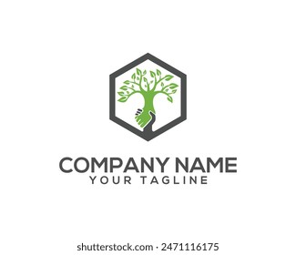 Mensch und Natur verbinden für eine bessere Welt Vektorillustration. Menschliche Hände und Baum mit grünen Blättern Minimal Logo.