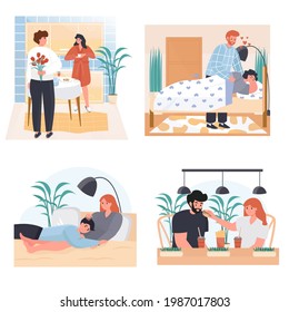 Conjugal relationship concept scenes set. Husband gives wife flowers. Couple hugging in bed or having lunch together. Collection of people activities. Vector illustration of characters in flat design