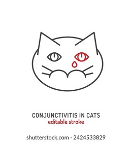 Conjuntivitis en gatos. Icono lineal, pictograma, símbolo. La enfermedad común afecta principalmente a animales de mediana edad y mayores. Concepto veterinario. Ilustración vectorial en estilo de contorno sobre un fondo blanco