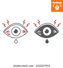 Línea de conjuntivitis e icono sólido, icono de estilo de contorno para sitio web o aplicación móvil, enfermedad y anatomía, icono de vector de dolor ocular, ilustración vectorial simple, gráficos vectoriales con trazos editables.