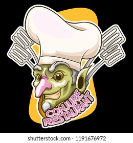 Conjure Restaurant Witch Head using Chef Hat Character Object, Logo, Emblem Stock Vector Logo Illustration