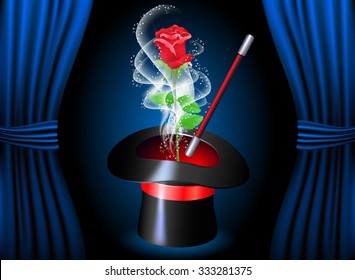 Conjurer hat with magic red rose and smoke