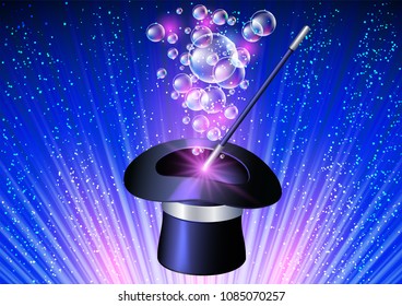 Conjurer hat with magic wand and flying bubbles on blue rays background