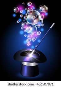 Conjurer hat with magic wand and flying bubbles on blue background