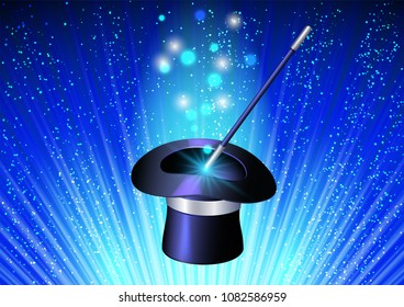 Conjurer hat with magic wand on blue rays background