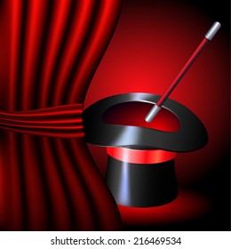 Conjurer hat with magic wand and red curtain