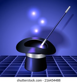 Conjurer hat with magic wand and shiny stars