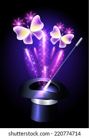 Conjurer hat with magic wand, sparkle fireworks and butterflies