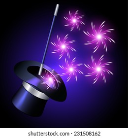 Conjurer hat with magic wand and sparkle fireworks