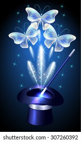 Conjurer hat with magic wand, sparkle fireworks and butterflies