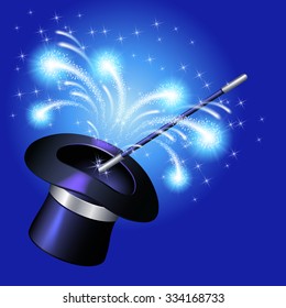 Conjurer hat with magic wand and sparkle fireworks on blue background