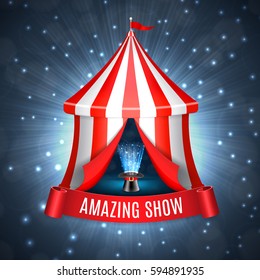 Conjurer hat with magical glow inside circus tent. Circus concept. EPS10 vector