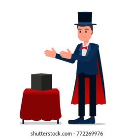 The conjurer performs a trick. Vector illustration, a flat style design. Isolated on a white background.