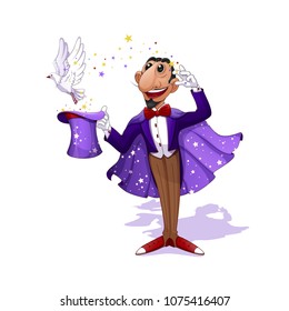 A conjurer in a purple tuxedo and a lilac cloak with stars holds a magic hat. A white dove flies out of the hat. Magic, stars. A circus character in the style of a cartoon. Vector Illustration.